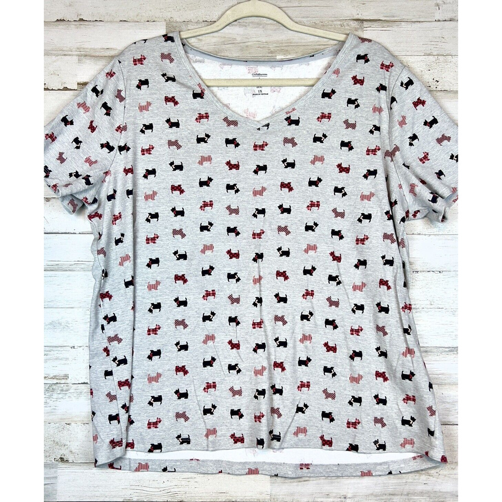 Croft & Barrow Classic Tee Gray Scottish Terriers Women's 1X V Neck